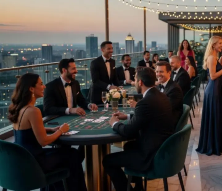 Goście bawiący się przy stołach do gry podczas eleganckiego eventu w stylu kasyna