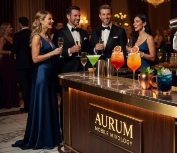 Mobilny bar eventowy z barmanem serwującym koktajle premium