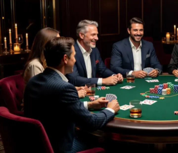 Pokerowy event w akcji z uczestnikami przy elegancko oświetlonych stołach