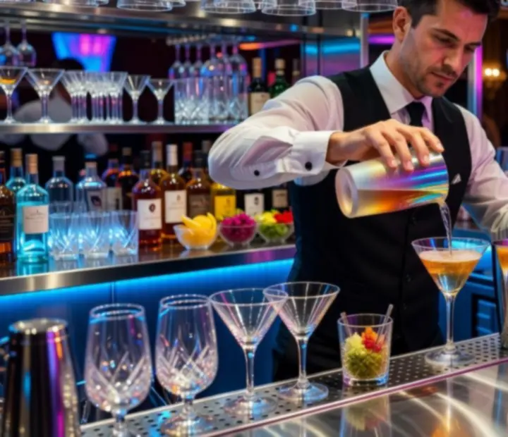 Mobilna stacja koktajlowa z eleganckimi drinkami podczas eventu w stylu kasynowym