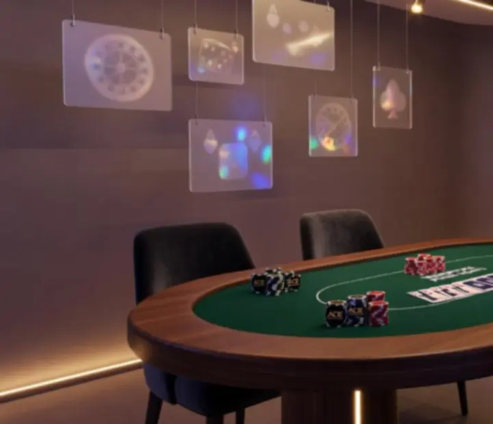 Tematyczna dekoracja pokerowa i oświetlenie podczas eleganckiego eventu